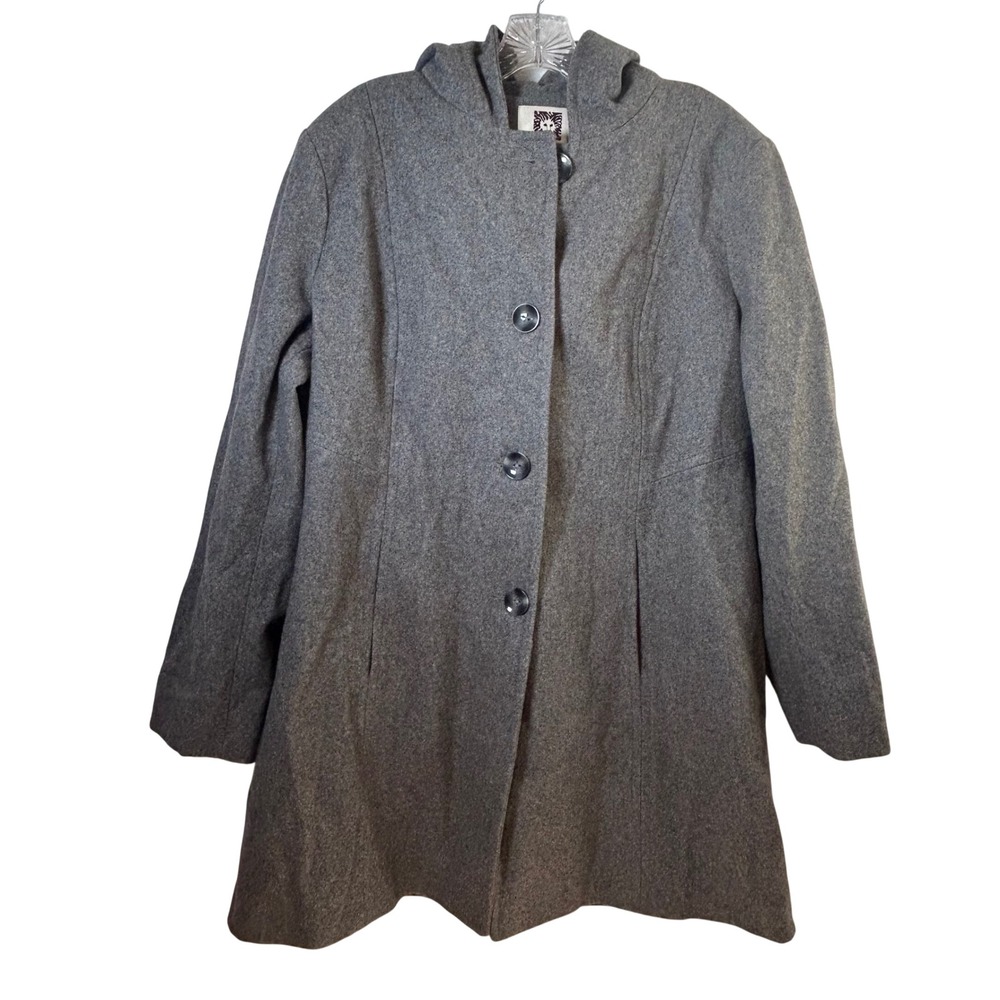 Anne Klein Womens XL Gray Wool Blend Hooded Walker Coat Button Front Mid-Length